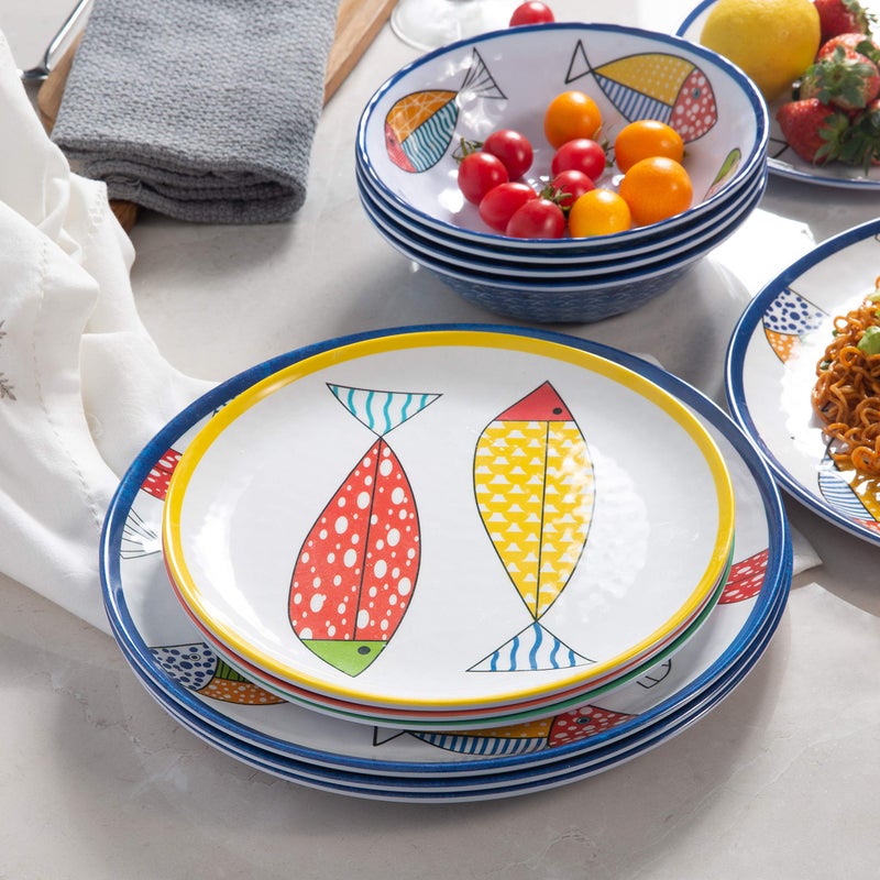 Gofunfun Melamine Dinnerware set for 4, Plates and Bowls Sets, Great for Camper, RV, Indoors Outdoors Use with Ocean Printed, Unbreakable - Image 3